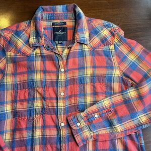 American Eagle Plaid Flannel Womens S Boyfriend Fit Western Pearl Snap Cowgirl